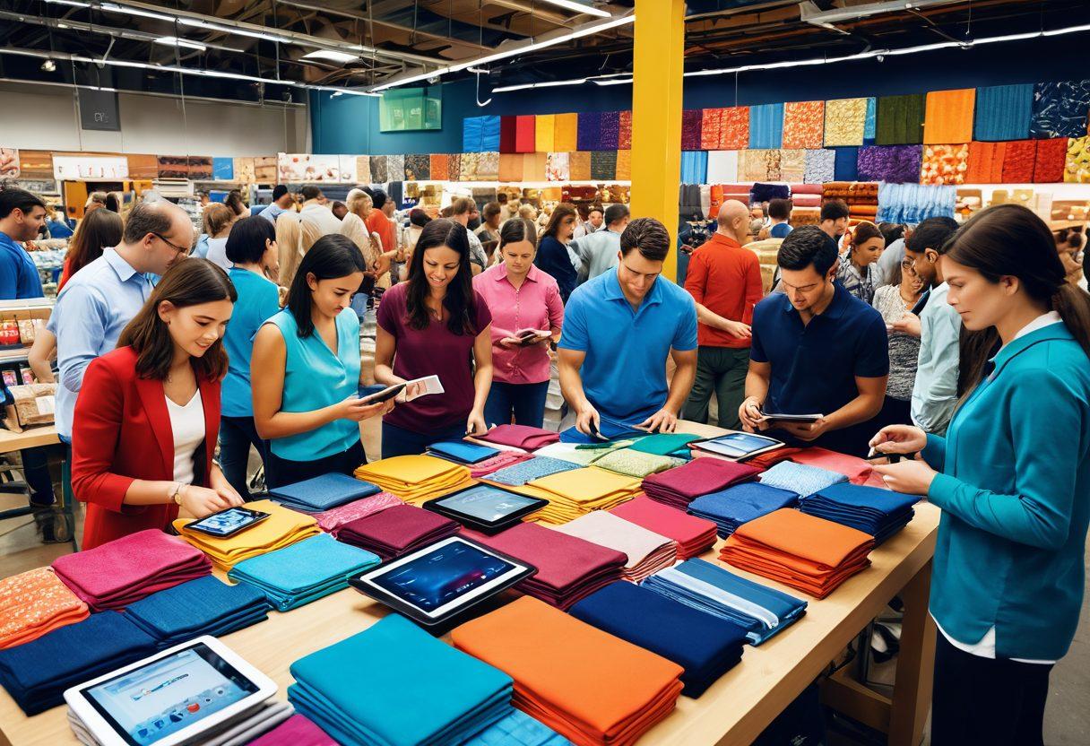 A bustling marketplace scene showcasing diverse wholesale items like textiles, electronics, and home goods. Retailers and suppliers engage in lively discussions, with charts and graphs illustrating cost-effective strategies in the background. Highlight a digital tablet displaying inventory management tools, and a vibrant color palette to convey a sense of energy and opportunity. super-realistic. vibrant colors. dynamic composition.