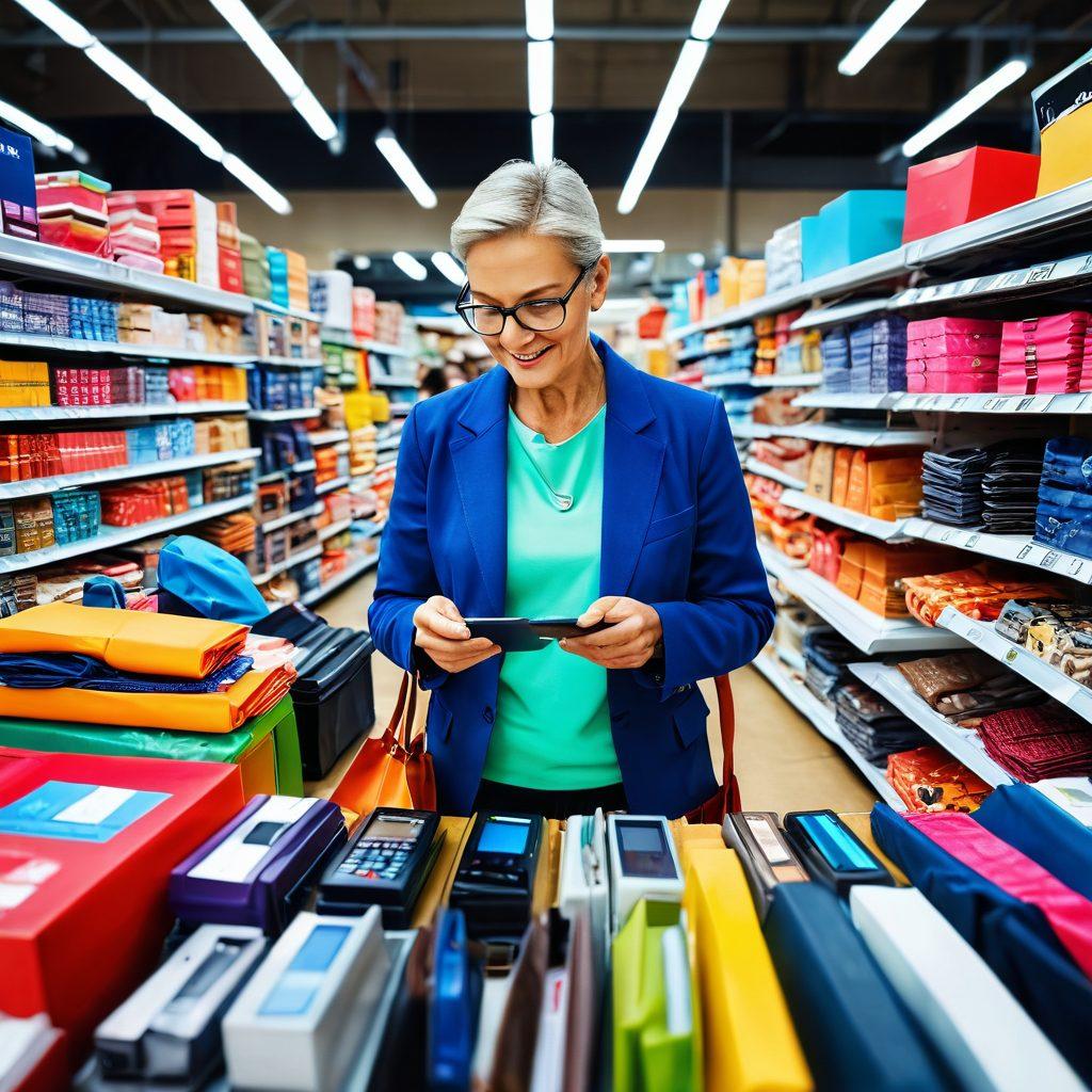 A vibrant marketplace scene showcasing a savvy shopper navigating through various wholesale stalls with colorful displays of goods. The shopper, a confident middle-aged individual, uses a calculator while examining price tags, surrounded by diverse products like electronics, clothing, and food items. Include subtle hints of digital price tags that depict discounts and savings. Emphasize a lively atmosphere with people interacting and vibrant banners highlighting 'Smart Shopping Strategies.' super-realistic. vibrant colors. dynamic composition.