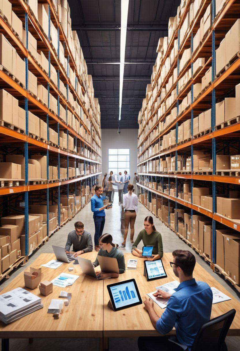 A dynamic retail scene showcasing a bustling warehouse with organized shelves stocked with various bulk products. In the foreground, a diverse group of professionals is engaged in a meeting with digital tablets, analyzing data and strategizing purchasing decisions. Include visual elements like graphs and charts floating in the air, symbolizing success and efficiency in distribution. Bright and energetic atmosphere with a modern aesthetic. super-realistic. vibrant colors. 3D.